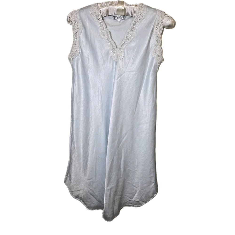Vintage Priamo Shiny Satin Light Blue White Lace‎ Trim Nightgown Lounge USA Sz S